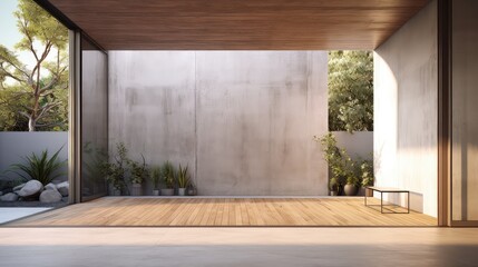 3D interior rendering of a empty room with potted plant on wooden floor.