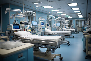 Interior of a modern operating room with beds and resuscitation and control monitors. ia generated - obrazy, fototapety, plakaty