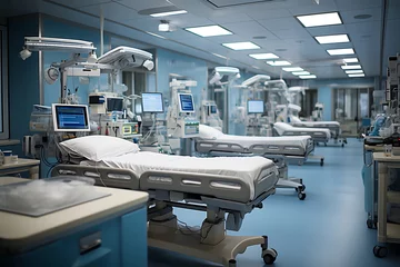 Poster Interior of a modern operating room with beds and resuscitation and control monitors. ia generated © ImagineStock