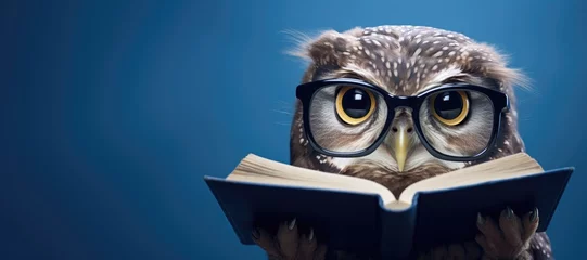 Gordijnen Owl in glasses with book on blue background. Owl reading, wisdom, reading develope concepte © vladico