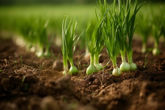 Closeup Of Green Onions Growing In A Field During Harvest Season. Generative AI