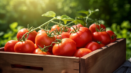 Fresh ripe tomatoes in basket in  garden with rain