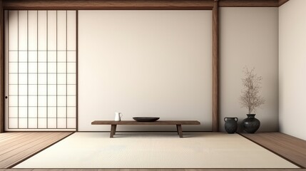 3D rendering of a living room with sliding doors and Japanese tea table.  - obrazy, fototapety, plakaty