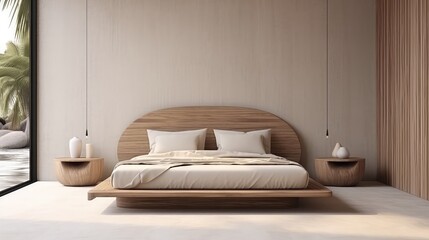 3D interior rendering of a bedroom with a  wooden bed headboard. 
