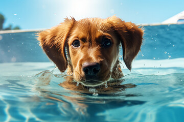 The close up detail of a fluffy brown dog&rsquo;s face swimming in an outdoor pool under warm sunshine. Generative AI.