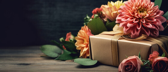 Gift and flowers on a wooden background. Beautiful. Banner. Copy space