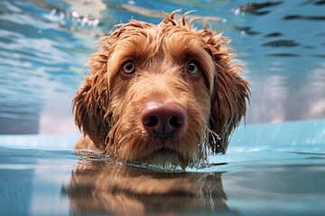The close up detail of a fluffy brown dog’s face swimming in an outdoor pool under warm sunshine. Generative AI.