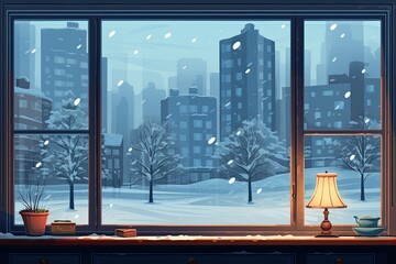 snowy day in winter view from big window illustration