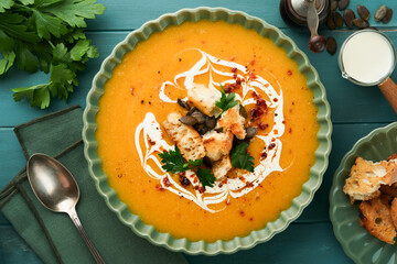 Pumpkin and carrot cream soup with herbs, seasonings and seeds in bowl on dark wooden background in rustic style. Thanksgiving traditional autumn pumpkin cream soup. Top view.