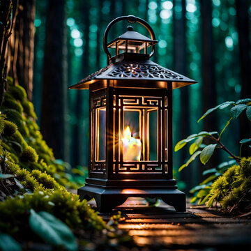 Realistic photo illustration of a candlestick with a candle in a forest among moss