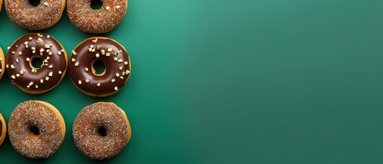 minimalistic green background with donuts, top view with empty copy space