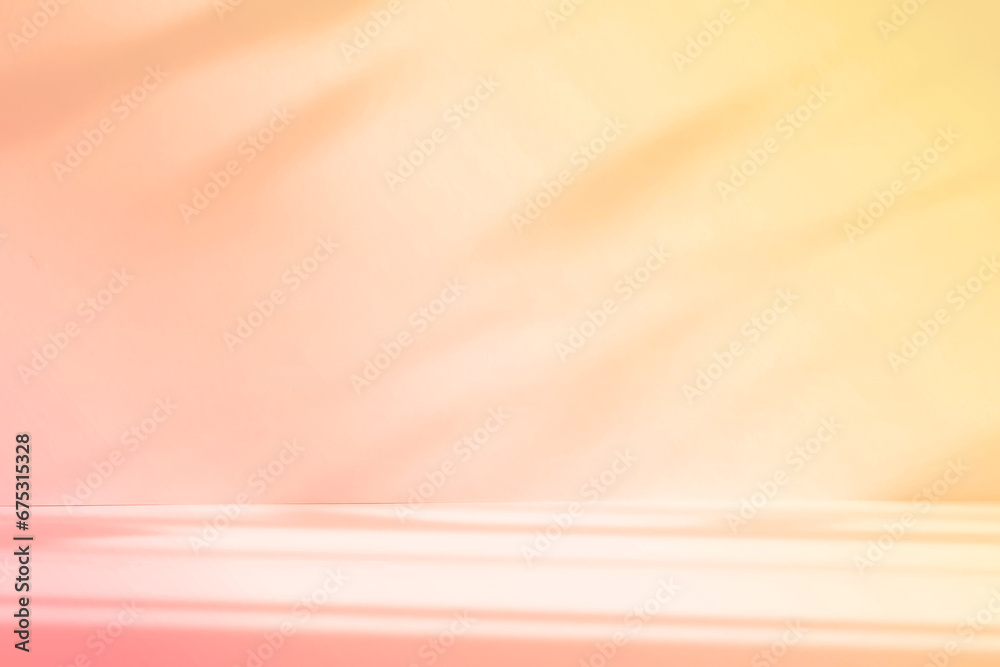 Poster Abstract orange color gradient studio background for product presentation. Empty room with shadows of window and flowers and palm leaves . 3d room with copy space. Summer concert. Blurred backdrop.
