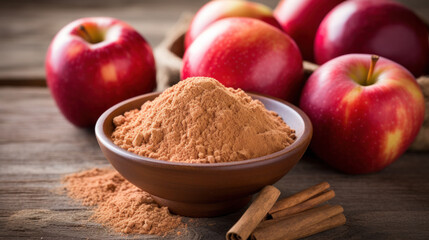 Apple pectin fiber powder in wooden bowl and fresh red apple - obrazy, fototapety, plakaty