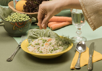 a healthy prepared dinner table, vegetables and greens