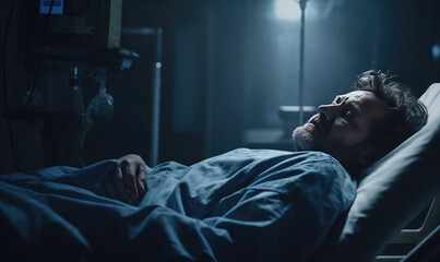 Fototapeta premium A sick patient is lying on a bed in a hospital