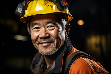 Fototapeta premium Generative ai technology portrait of mine worker wearing hardhat helmet standing in a mine