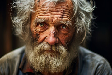 Close up generated ai picture of old elderly upset unhappy man with a wrinkled face living alone