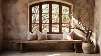 Int&eacute;rieur confortable et chaleureux avec un banc en bois et des coussins moelleux avec la pr&eacute;sence d'une fen&ecirc;tre.