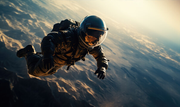 An astronaut is floating in space over the Earth