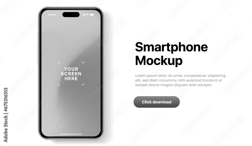 Poster 3D realistic high quality smartphone mockup with isolated background. Smart phone mockup collection. Device front view. 3D mobile phone with shadow on white background.