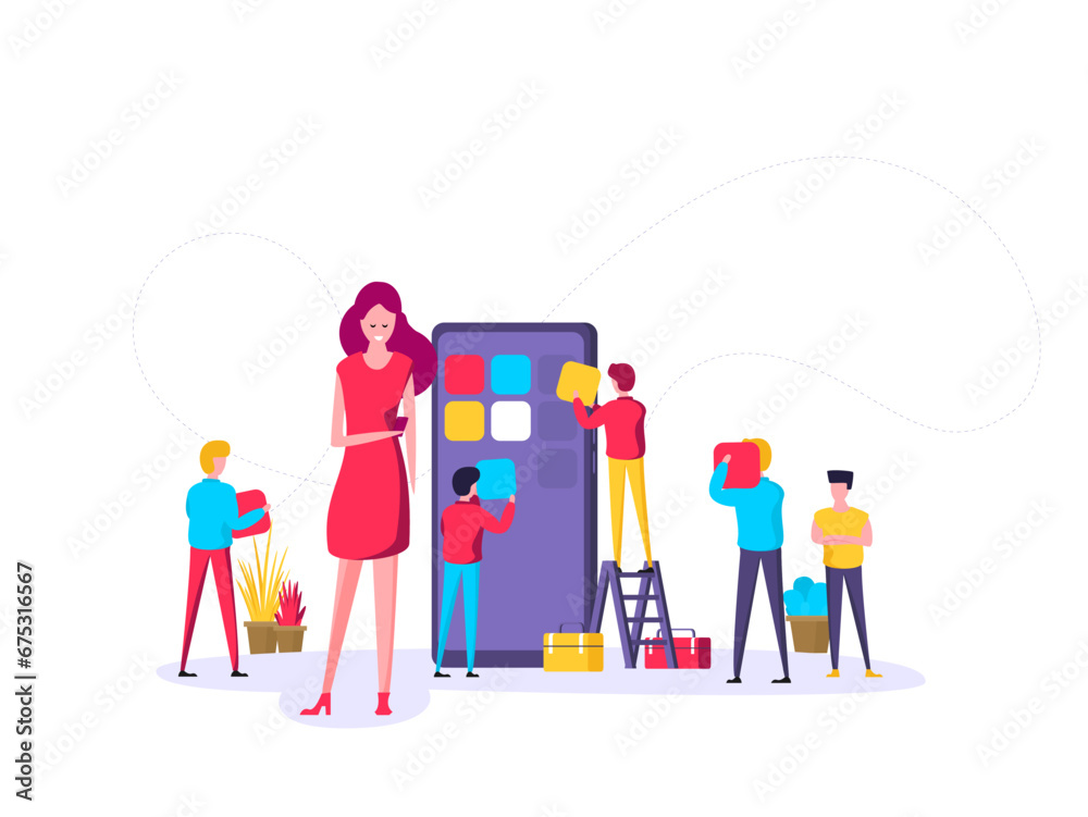 Poster mobile application development concept illustration with teamwork programmers and mobile phone