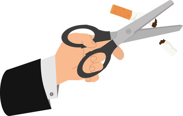 hand holding Scissors cutting half a tobacco cigarette