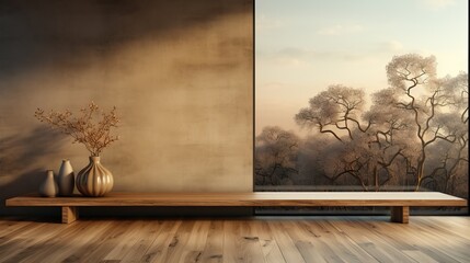 Mur avec fen&ecirc;tre dans un esprit zen aux couleurs chaude et marron