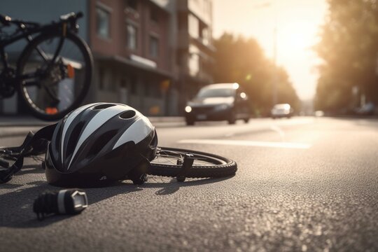A bicycle accident on a city road with a broken bike and helmet, creating a dramatic incident. The image features a banner with copy space. Generative AI