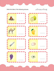 Urdu alphabet phonics and skill building worksheet for kids, vector illustrations