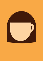 Visual poetry. Coffee cup and adorable girl face.  Vector design. Yellow background. Simple and minimalist retro poster. Bauhaus. Cover. 