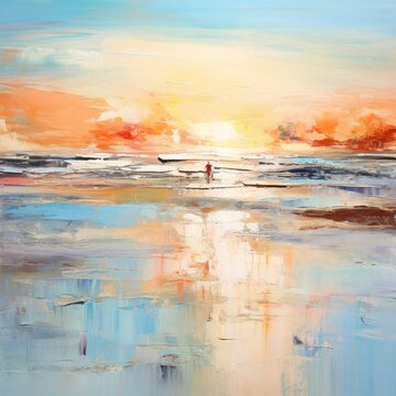 An abstract oil painting of a beautiful beach scene.