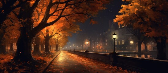 In the autumn night the black sky is illuminated by the soft glow of city lights creating a...