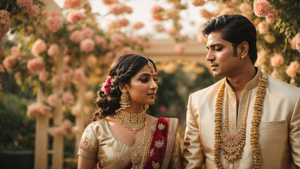 Indian bride and groom in gold jewelry, traditional outfits, stand in a blooming garden. Wedding ceremony, festive atmosphere, light colors. - obrazy, fototapety, plakaty