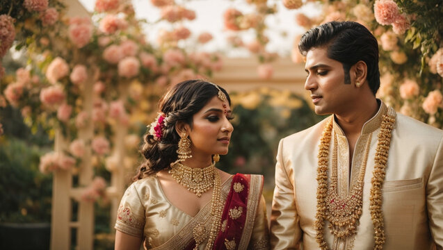 Indian bride and groom in gold jewelry, traditional outfits, stand in a blooming garden. Wedding ceremony, festive atmosphere, light colors.