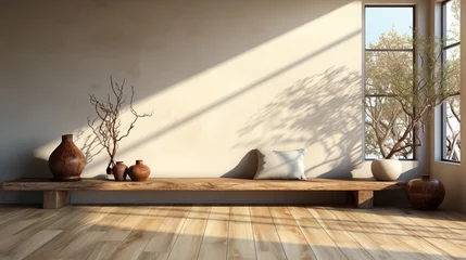 Fotobehang mur vide avec teinte chaude marron dans un esprit zen, une pièce vide avec des planchers en bois et un mur en plâtre vieilli, affichant des zones avec des variations de couleur.  © jp