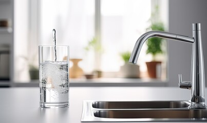A Refreshing Glass of Water by the Sink - obrazy, fototapety, plakaty