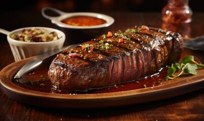 A Deliciously Grilled Steak Served with Savory Sauce and Flavorful Side Dish