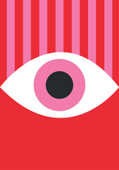 Poster designed with geometric shapes. Eye. Vector illustration. Red and pink background. Banner, Poster, media, social networks.