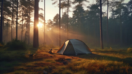 Camping tent next to a lake at sunset. AI generative.