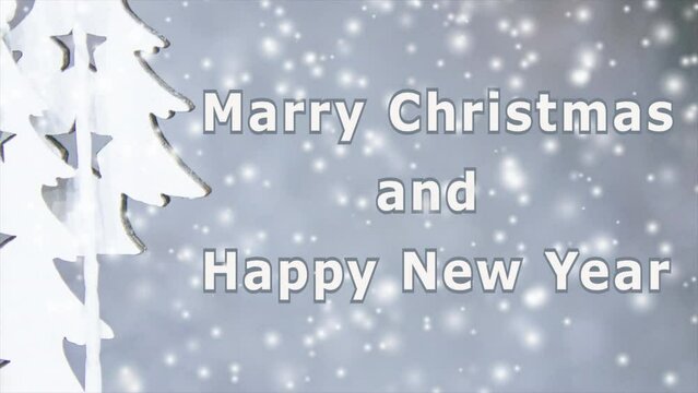 Merry Christmas and Happy New Year words design white and gray colors. Small wooden white Christmas trees on string on gray background. Falling snow snowflakes snowfall. Animated loop seamless text.
