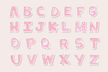 Cute hand drawn Latin alphabet for nursery room decor for girls. Good for posters, prints, cards, stickers, fonts, etc. Pink letters in  scandinavian style. Boho vector print