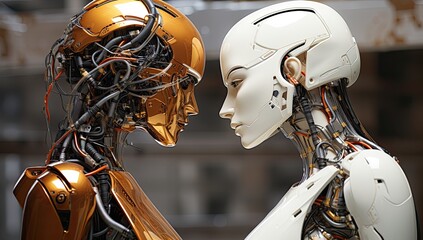 Humanoidalne cyborgi roboty w kolorach złotym i białym. 
