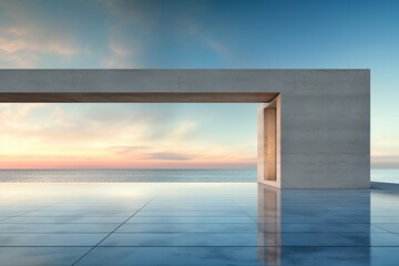 Architectural Serenity: A Panoramic Concrete Structure, Elegantly Embracing the Style of Calm Seas and Skies - Transparency, Opacity, and Tranquil Waters