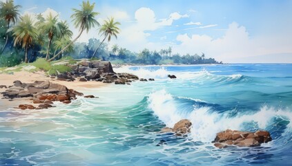Słoneczna egzotyczna plaża z palmami. 