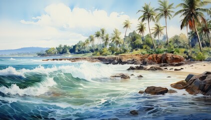 Piękna plaża z palmami na akwarelowym obrazie.  - obrazy, fototapety, plakaty