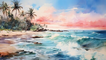 Fototapeta na wymiar Słoneczna egzotyczna plaża z palmami. 