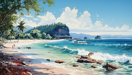 Słoneczna egzotyczna plaża z palmami.  - obrazy, fototapety, plakaty