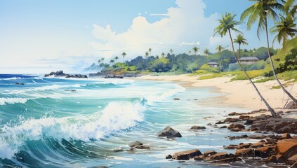 Słoneczna egzotyczna plaża z palmami.  - obrazy, fototapety, plakaty