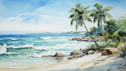 Egzotyczna kamienista plaża z palmami.  - obrazy, fototapety, plakaty