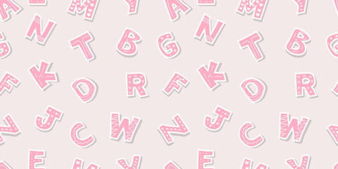 Pattern with cute hand drawn Latin alphabet for nursery decor for girls. Good for posters, prints, cards, stickers, fonts, etc. Pink letters in  scandinavian style. Boho vector print